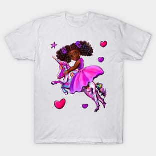 Black princess dress riding a unicorn pony horse. African American girl T-Shirt